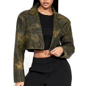 NWT WASHED FAUX LEATHER CROPPED BLAZER